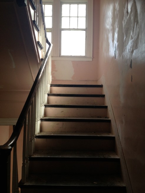 Heading up the stairs.